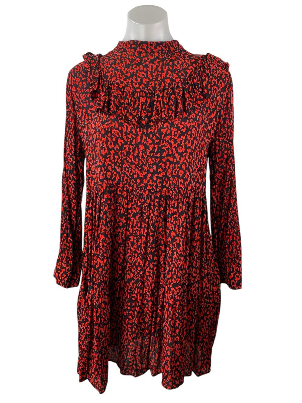 ZARA Red Black Leopard Print Ruffle Mock Neck Long Sleeves Mini A-Line Dress S